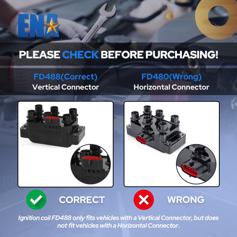 ENA Ignition Coil Pack Compatible with Ford Mazda Mercury F150 E150 E250 Econoline Mustang Ranger Taurus Windstar B3000 Cougar Mystique Sable Thunderbird 3.0L 3.8L 4.2L V6 Replacement For FD488 C901 - Image 2